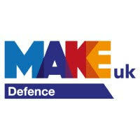 Logo of "MAKE UK Defence" with "MAKE" in bold letters transitioning from blue to red, and "uk" in smaller letters on the right. A blue banner below contains the word "Defence".